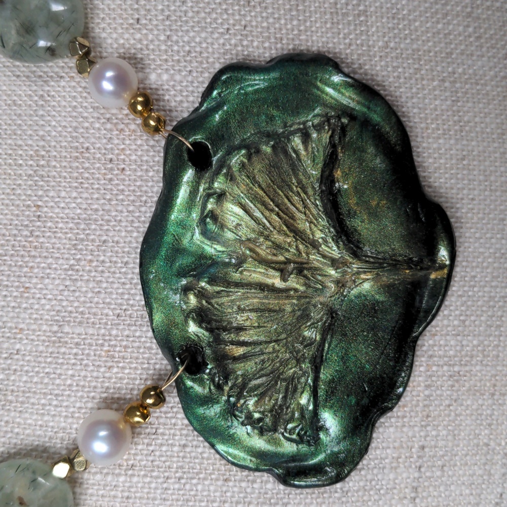 New Green & Gold Leaf Pendant Necklace, Handcrafted, Prenite Gemstones, Pearls - Picture 3 of 10